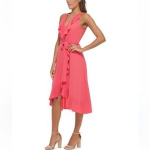 NWT KENSIE | Hot Pink Sleeveless Ruffled Tie-Waist Faux Wrap Midi Dress 12